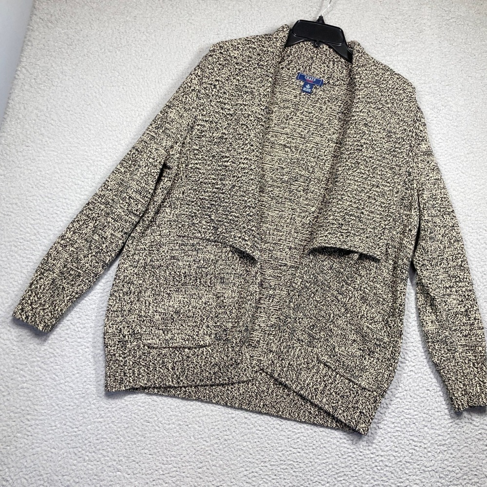 Chaps Denim Cardigan Sweater Womens 1X Black Cream Marled Shawl Collar Pocket